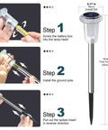 12 Pack Solar Lights Outdoor Waterproof Stainless Steel Pathway Lights assembly steps showing lamp head and installation.