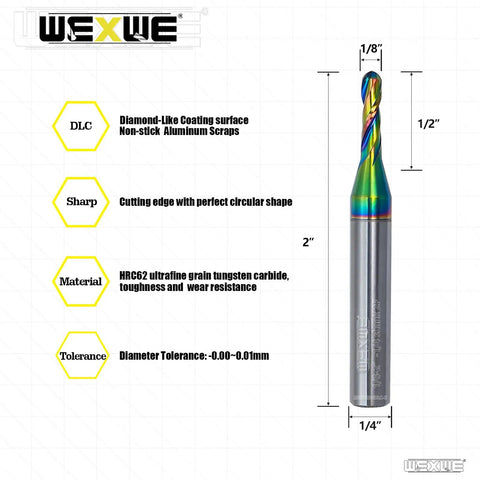 Diagram of Extra Long Ball Nose End Mill With DLC Coating For CNC Milling And Carving 2 Flute Tungsten Carbide Router Bit.