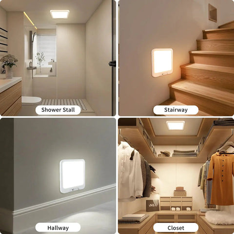 USB C Rechargeable Motion Sensor Ceiling Light 550LM With Remote installed in shower, stairway, hallway, and closet settings