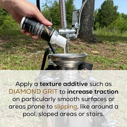 Texture additive being added to a sealer machine outdoors for use with Matte Clear Acrylic Sealer For Stone And Brick With Color Enhancing Finish Fast Dry Indoor And Outdoor Protection For Pavers Travertine Faux Stone Clay Bricks Professional Grade Stone Sealer For Lasting Matte Look