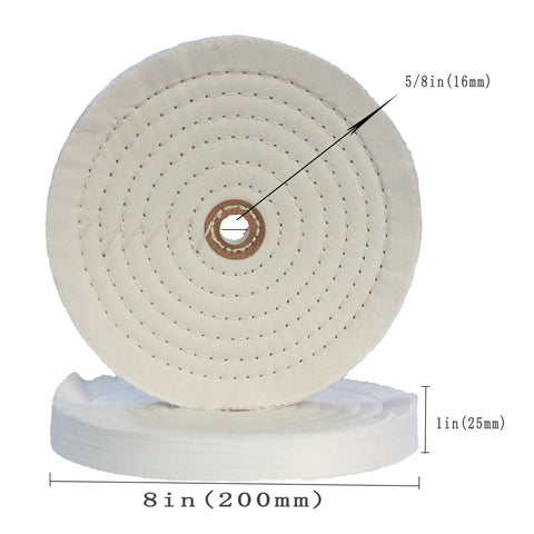 Two Pack Beefy Extra Thick White Cotton Buffing Wheels Eight Inch Diameter with Five Eighth Inch Arbor Hole for Heavy Duty Polishing