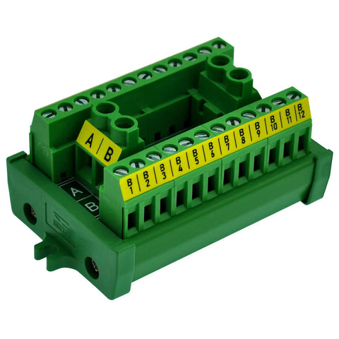 Two Row 2x12 Position Screw Terminal Block Distribution Module 30A 300V with screw mount, green extendable A/B channels