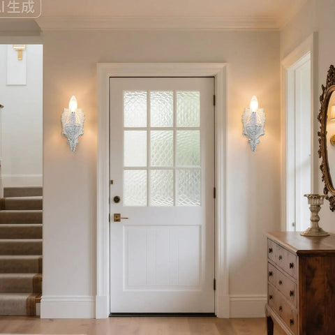 ZIRALIO Farmhouse Vintage Wall Sconce for Bedroom, 2-Pack installed beside a door, showcasing distressed white finish and soft lighting.
