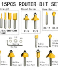 Router Bit Set Fifteen Piece One Quarter Inch Shank With Three Bearings For Woodworking DIY Kit showing all bits and bearings