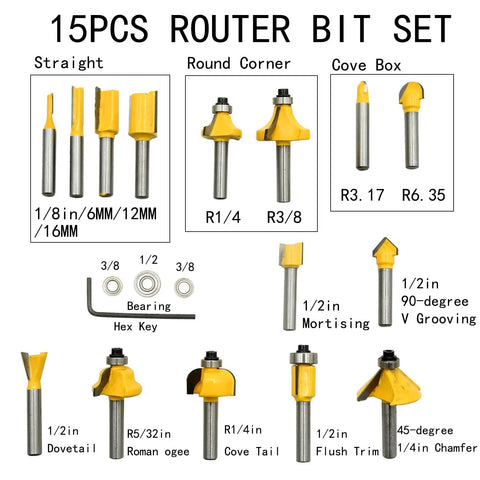 Router Bit Set Fifteen Piece One Quarter Inch Shank With Three Bearings For Woodworking DIY Kit showing all bits and bearings