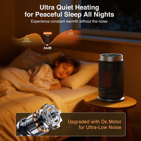 Child sleeping beside Ultra Quiet 1500W Portable Space Heater With Digital Display Ceramic PTC in a dimly lit room.