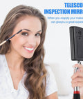 Woman using Telescoping Inspection Mirror Set With LED Light For Cars And Small Parts, flexible reach, handheld view