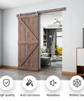 6.6 Foot Top Mount Stainless Steel Sliding Barn Door Hardware Track Kit That Slides Like Butter For 36 To 40 Inch Wide Single Doors Heavy Duty Anti Rust Smooth Quiet Ball Bearing Roller System Easy Install installed on wooden barn door in living room