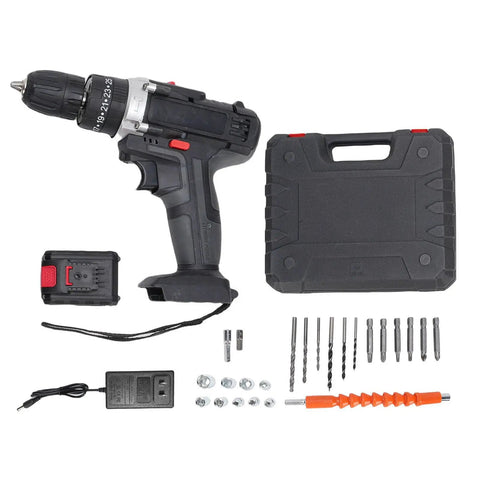 Badass Brushless Cordless Drill Set With A Beefy 350 Watt Motor And Swift 1450Rpm Speed for heavy duty tasks with battery and accessories.