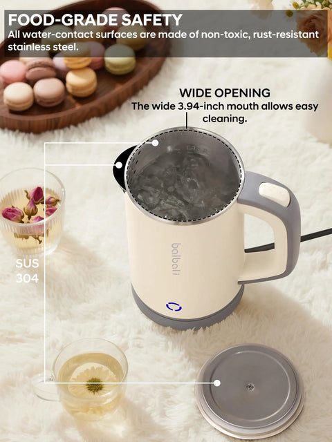 On The Go Grab And Go Portable Electric Kettle 24oz Mini Travel Kettle For Camping And Office 600W Fast Boil With Auto Shut Off Stainless Steel Interior Compact Design Beige shown top view with open lid showing stainless steel interior.