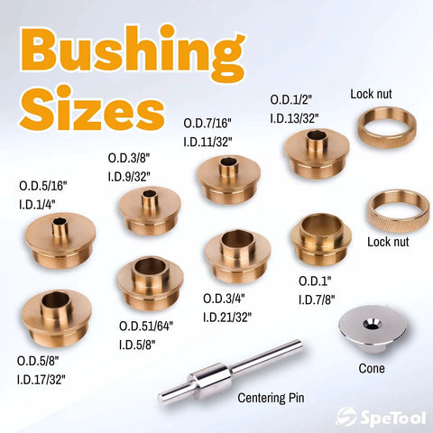 Ten Piece Pro Grade Solid Router Guide Bushing Set with Centering Pin and Cone for Porter Cable style sub bases