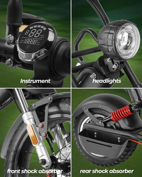 Instrument panel, headlights, front and rear shock absorbers of Heavy Duty Hill Crushing Electric Golf Cart For Adults With 2000W Brushless Motor And 60V Battery Extended Range Ample Golf Bag Storage Beefy All Terrain Tires No Sweat Fairway Cruising.