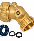 Solid Brass Garden Hose Elbow 45 Degree Bend Three Quarter Inch FHT And Three Quarter Inch MHT With On Off Shutoff Valve And Swivel Connection, brass hose elbow with tape and two washers