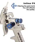 Premium Hvlp Air Spray Gun For Auto Touch Up Paint And Car Detail Work With Four Point Two Oz Cup Stainless Steel Needle displaying inline filtration feature.
