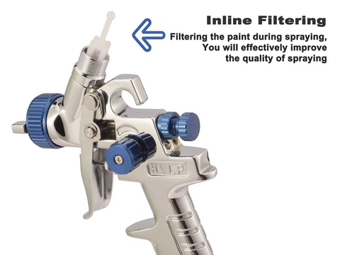 Premium Hvlp Air Spray Gun For Auto Touch Up Paint And Car Detail Work With Four Point Two Oz Cup Stainless Steel Needle displaying inline filtration feature.