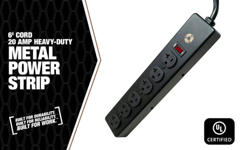 Beefy All Metal Mountable Power Strip With 6 NEMA 5-20 Receptacles, 20 Amp Capacity And NEMA 5-20 Plug, Garage Ready