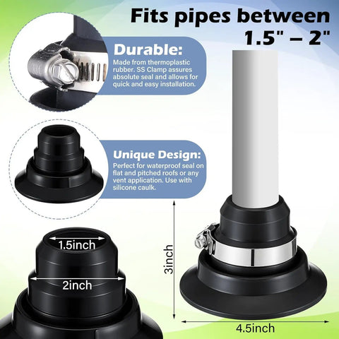 2 Pack Roof Collar Repair Boots For 1.5 To 2 Inch Vent Pipes With Silicone Sealant Included DIY Friendly Flexible Thermoplastic Rubber Roof Vent Flashing Collar Quick Leak Fix For Existing Roof Boots USA Made shown with pipe and dimensions