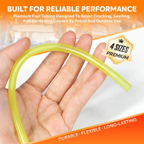 Hand holding yellow tubing from Dope Four Size Fuel Line Hose Kit For 2 Cycle Small Engines, 4 ft, flexible and durable