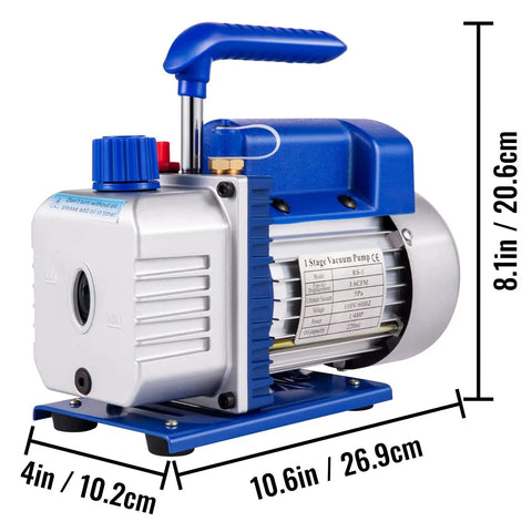 Heavy Duty 1/4 H P Air Conditioner Vacuum Pump With Gauges For HVAC And Refrigeration Maintenance. Single Stage 3.6 CFM Flow Rate. Aluminum Body With Shock Proof Base. Perfect For AC Repair, Auto A/C Service Home Packing and Commercial Air Conditioning