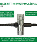 Grease fitting multi-tool, small metal device with left screw extractor and right hardened tap