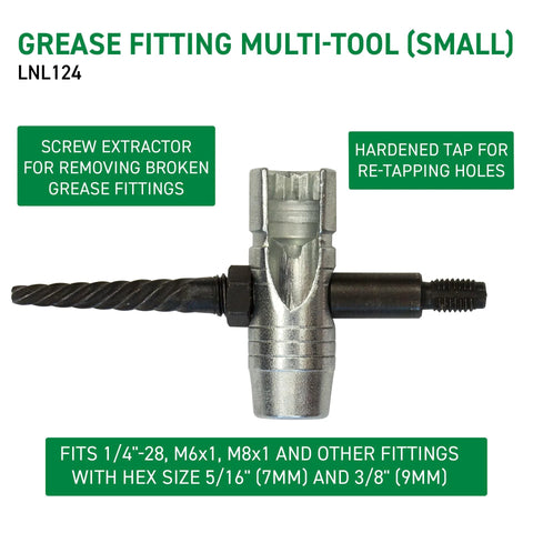 Grease fitting multi-tool, small metal device with left screw extractor and right hardened tap