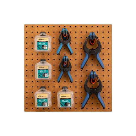 Hang Tight Pegboard Hooks Kit With Locking Design 32-Piece Tool Organizer Set And Screwdriver Holder Assorted Peg Hooks For Garage Wall Storage On Metal Or Hardboard Panels 1 Inch Spacing showing assorted clips and containers on pegboard