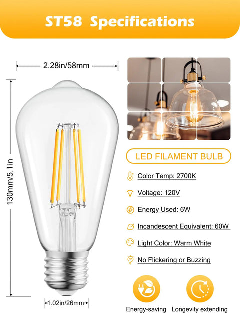 12 Pack Vintage LED Edison Bulbs 6W Like 60W Old School Filament Glow With CRI 80 Plus E26 Base Non Dimmable Clear Glass