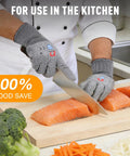 Chef using Cut Resistant Work Gloves Set, ANSI Level 5 Protection With PU Coating And Steel Reinforcement, cutting salmon in kitchen.