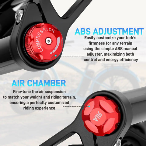 Close-up of ABS adjustment on Air Suspension Fork For 20 Inch Fat Tire Mountain Snow Beach E Bike with 180mm Travel.