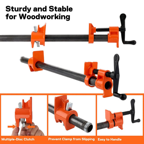 Front view: PONY 2-pack pipe clamp fixtures for 3/4-inch black pipe; orange bodies with black handles.