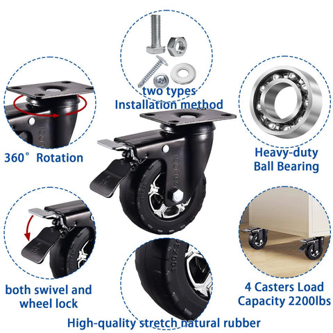 4 Inch Heavy Duty Caster Wheels Set Of 4 With Locking, Silent 360 Degree Swivel, Natural Elastic Rubber, 2200 Lbs Load Capacity