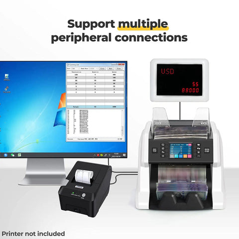 Bank Grade Money Counter For Multicurrency And Mixed Denominations With Serial Number Tracking connected to a computer and printer