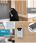 Image showing a comparison of a doorbell setup. Top: exposed video doorbell vulnerable to theft. Bottom: 2024 Updated Anti Theft Video Doorbell Mount With No Drill Adjustable Wedge Bracket For Home And Office No Brainer Install Keeps Your Doorbell Safe From Theft While Preserving Sensor And Aesthetics Silver, securely installed on a door.