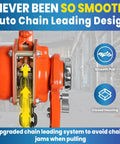 Close-up of Three Quarter Ton Manual Ratchet Lever Hoist Workhorse with 1650 lb lifting capacity, showing auto chain design.