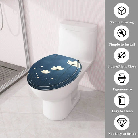 Toilet Seat Replacement Round for Bathroom, 14.5" x 16.5", features floral design and ergonomic fit on standard toilet.
