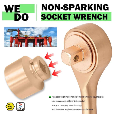 Kickass 21 Piece Non Sparking Tool Set Featuring Hella Tough Die Forged Beryllium Copper Sockets And A Smooth Three Quarter Inch Drive Ratchet Wrench with hinged socket wrench.