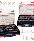 419 Piece All In One Heavy Duty Hitch Pin Kit Zinc Plated For Trailers Trucks Tractors Mowers And Farm Equipment displayed in open cases
