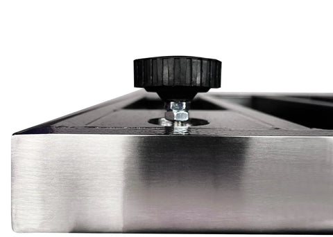Close-up of Heavy Haul Bench Shipping Scale built tough with stainless steel platform and adjustable knob for precision calibration.