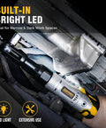 3/8 Inch Cordless Ratchet Wrench Set With 60 Ft Lbs Torque 12V Power, used in tight space with built-in LED light