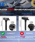Comparison of UF648 and UF807 ignition coils with compatibility for Chrysler Dodge Jeep; correct fit highlighted with correct pin connector.