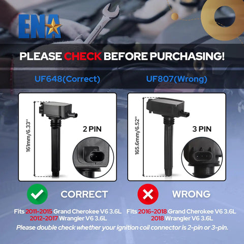 Comparison of UF648 and UF807 ignition coils with compatibility for Chrysler Dodge Jeep; correct fit highlighted with correct pin connector.