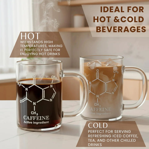Caffeine Molecule Beaker Mug With Handle, Clear Glass Measuring Cup Coffee Cup for hot and cold beverages on kitchen counter.