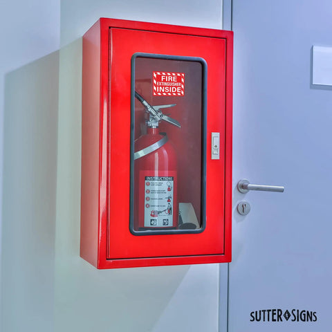 Fire Extinguisher Inside Stickers No Brainer Self Adhesive Weatherproof Vinyl Decals visible on a red fire extinguisher cabinet.