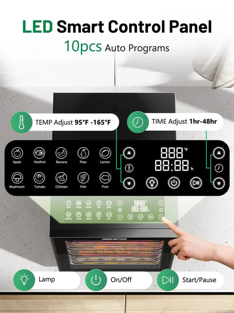 LED smart control panel of Food Dehydrator For Jerky And More With 12 Stainless Steel Trays, 10 presets, adjustable temperature