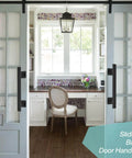 Beefy 12 Inch Black Square Heavy Duty Metal Barn Door Pulls Pack Of 2 installed on sliding barn doors in a home office setup.