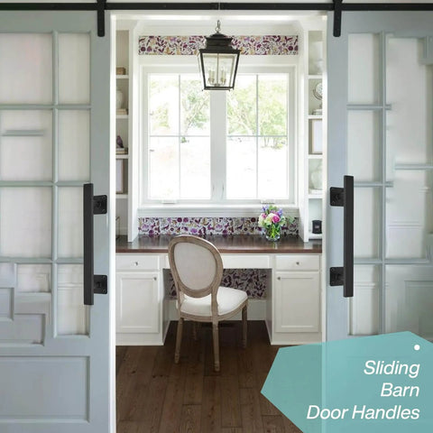 Beefy 12 Inch Black Square Heavy Duty Metal Barn Door Pulls Pack Of 2 installed on sliding barn doors in a home office setup.