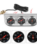 Front view of chrome triple-gauge panel with black 52mm gauges for oil pressure, water temperature, and ammeter.