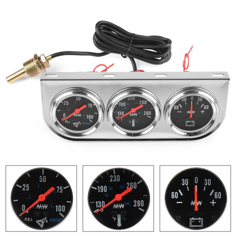 Front view of chrome triple-gauge panel with black 52mm gauges for oil pressure, water temperature, and ammeter.