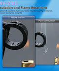 94V-2 UL Insulation and Flame Retardant, before and after fire test of black plastic bushing
