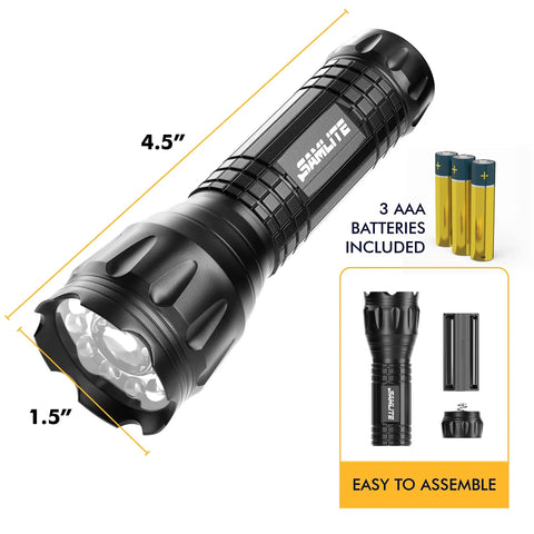 Go-To Five Lighting Modes Tactical LED Flashlight With Laser Pointer, UV Blacklight, green light, magnetic bottom, AAA batteries